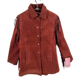 Maroon Western Fringe Layer Cozy Lined Snap Jacket Vintage Chic Womens